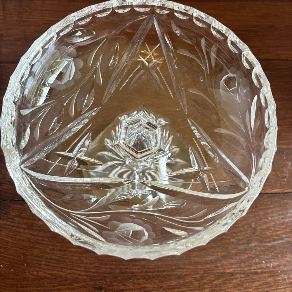 Vintage Crystal Pedestal Bowl Etched Rose Floral‎ Footed Compote Dish 6 Inch